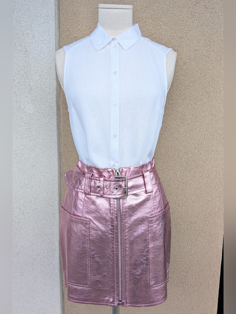 NWT Topshop Metallic Pink Zip-Front Mini Skirt with Belt US 4